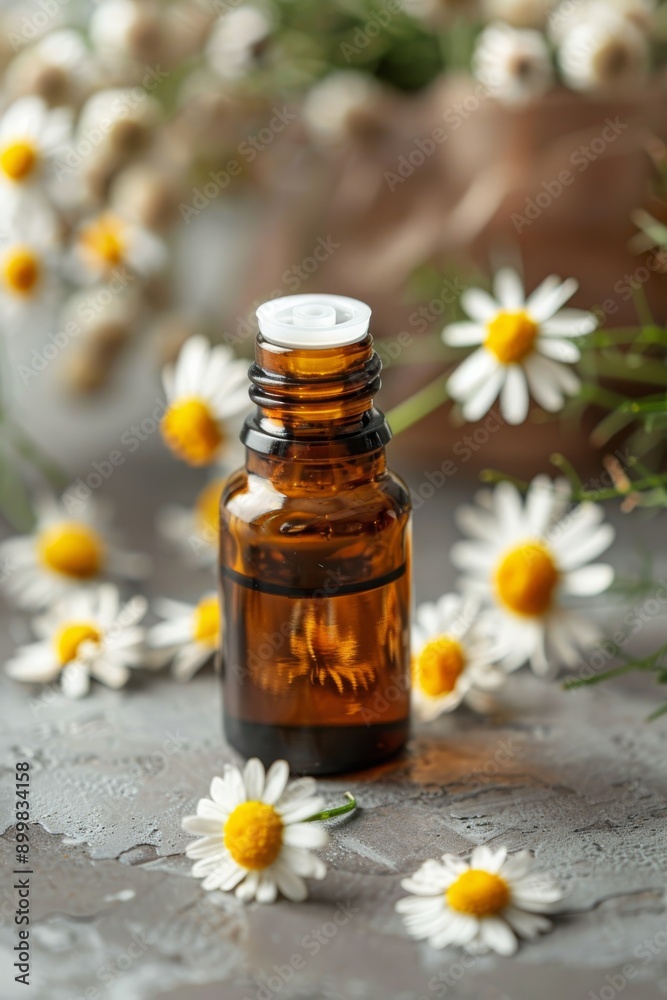 chamomile extract in a small bottle on sacking. selective focus. Generative AI, chamomile extract in a small bottle on sacking. selective focus. Generative AI,