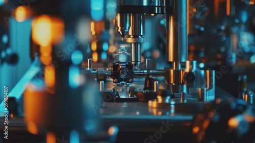 Close-up of industrial machinery components under blue and orange lighting. The image captures the precision and complexity of modern manufacturing equipment, ideal for illustrating industrial