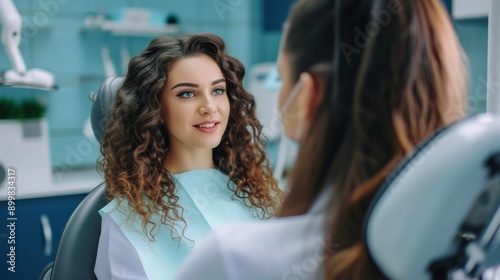 A female dentist attends to a smiling patient in a modern dental clinic. The atmosphere is friendly and professional, showcasing the dentist's care and the patient's comfort during the visit.