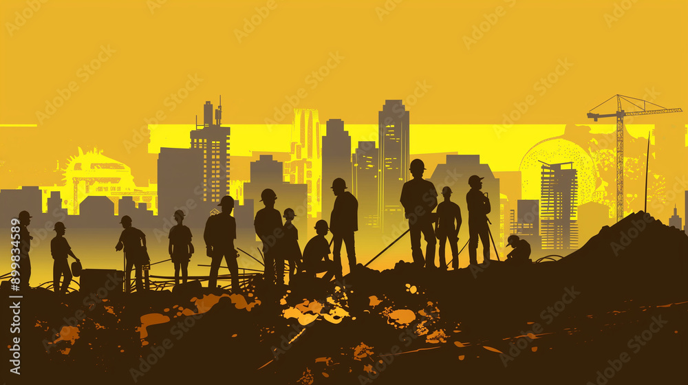 Naklejka premium Silhouette of a group of workers against a vibrant yellow city skyline featuring cranes and buildings, detailed vector illustration showcasing urban construction and labor in a dynamic city environmen