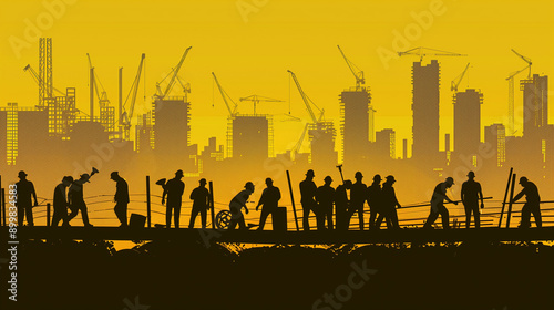 Silhouette of a group of workers against a vibrant yellow city skyline featuring cranes and buildings, detailed vector illustration showcasing urban construction and labor in a dynamic city environmen photo