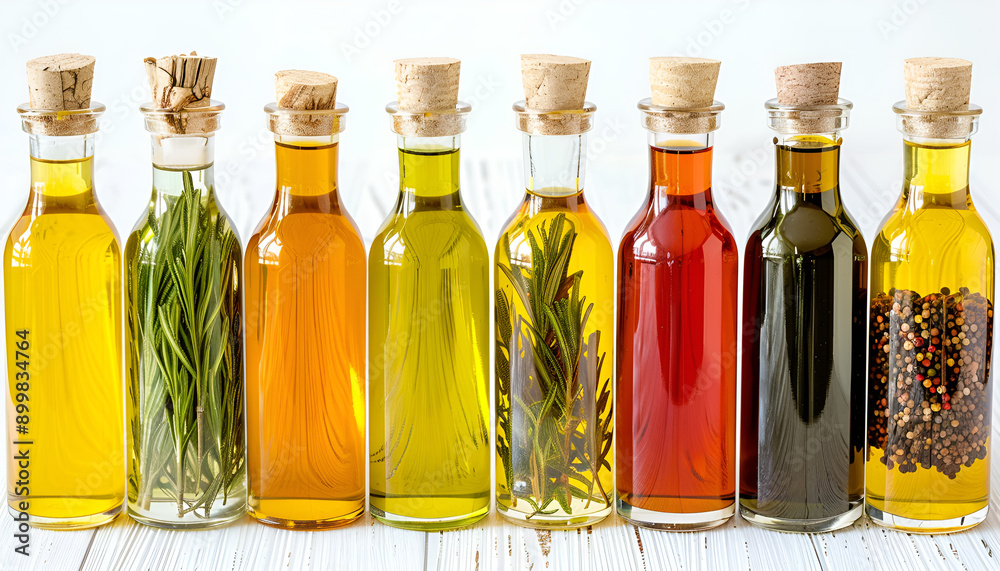 Vegetable fats. Different cooking oils in glass bottles on white background, closeup Vegetable fats. Different cooking oils in glass bottles on white background, closeup