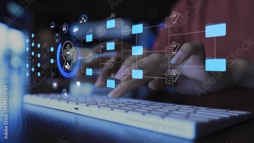 Ai Futuristic holographic interface of a file manager, folder structure with documents and data scanning, digital document storage software, cloud database, search and manage documents, paperless