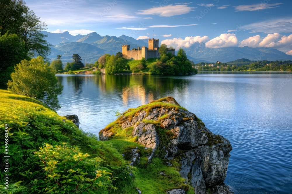 A castle sits majestically on a lush green hill overlooking a serene lake, creating a stunning landscape, Majestic castle overlooking a peaceful lake, AI Generated A castle sits majestically on a lush green hill overlooking a serene lake, creating a stunning landscape, Majestic castle overlooking a peaceful lake, AI Generated