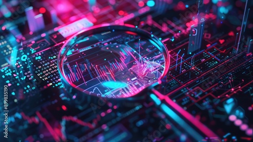 Close-up view of a magnifying glass on a vibrant, circuit board filled with glowing components and digital graphs.