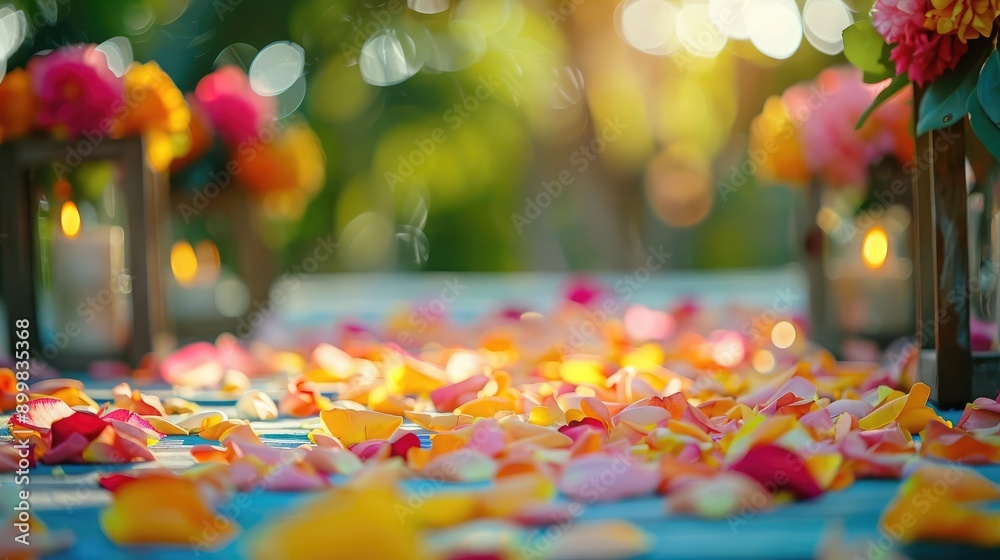 Colorful flower petals scattered on a table, creating a romantic atmosphere for a celebration or wedding event. Colorful flower petals scattered on a table, creating a romantic atmosphere for a celebration or wedding event.