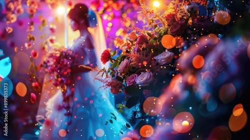 A beautiful bride stands among vibrant flowers, surrounded by enchanting lights, capturing a magical wedding moment.