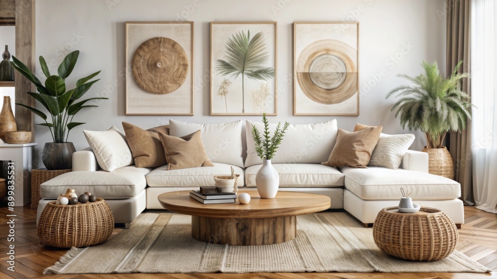 A stylish living room features a large, comfortable white sofa adorned with a mix of white and brown cushions. A stylish living room features a large, comfortable white sofa adorned with a mix of white and brown cushions.