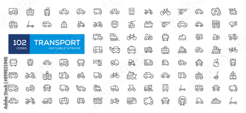 Travel and Transport line icon set. Containing car, bike, plane, train, bicycle, motorbike, bus and scooter icons. Transportation Simple line icon collections