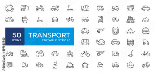 Travel and Transport line icon set. Containing car, bike, plane, train, bicycle, motorbike, bus and scooter icons. Transportation Simple line icon collections
