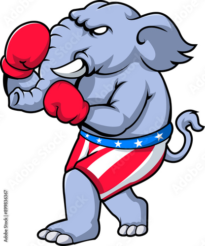 PrintAmerican Republican elephant boxer mascot boxing with boxing gloves wearing USA stars and stripes flag