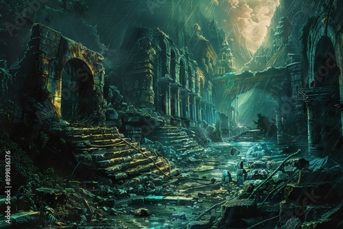 Ancient City Ruins Overgrown by Jungle Vegetation photo