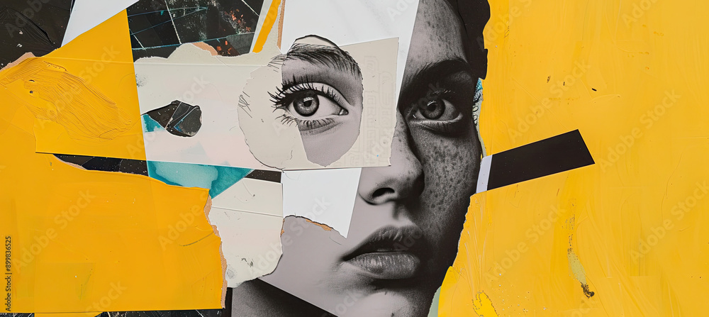Fototapeta premium Abstract modern art collage portrait of young woman and man trendy paper collage composition vibrant and artistic design dynamic and contemporary aesthetic creative and visually engaging portrayal