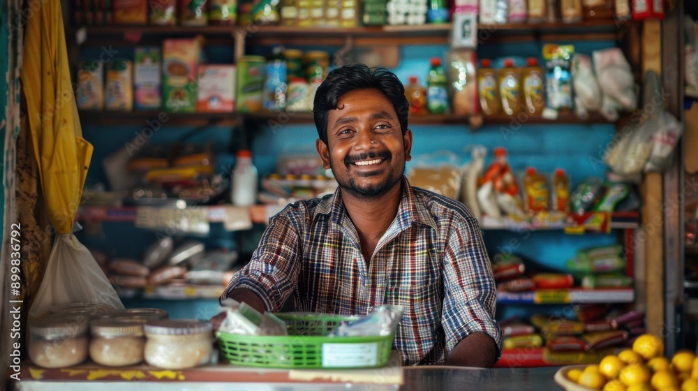 Portrait of Indian male small Kirana or grocery shop owner sitting at cash counter, looking happily at camera Portrait of Indian male small Kirana or grocery shop owner sitting at cash counter, looking happily at camera
