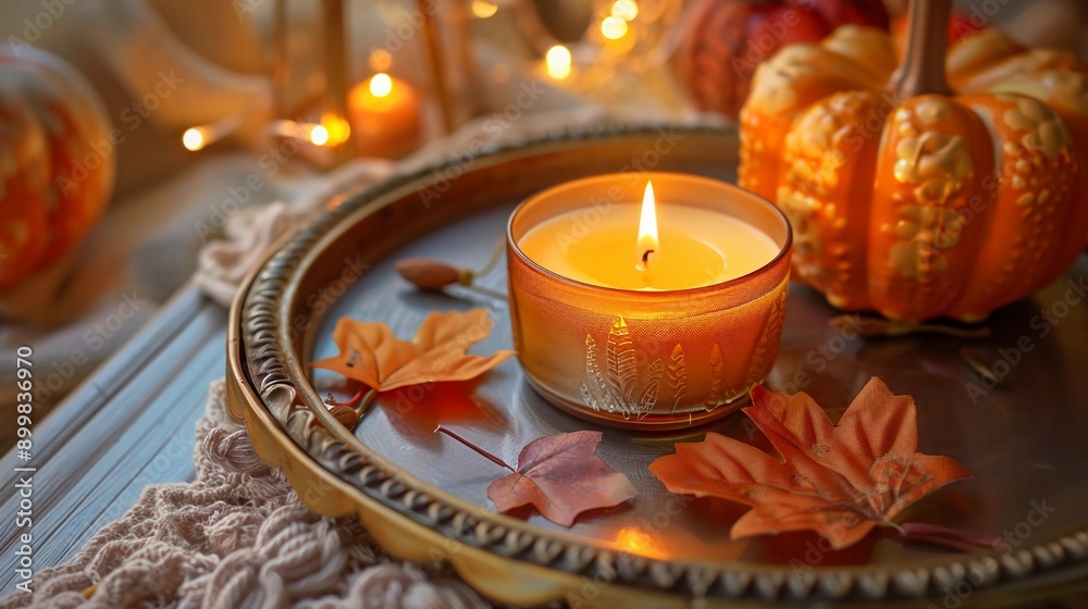 burning candles with autumn decor on white table at home burning candles with autumn decor on white table at home