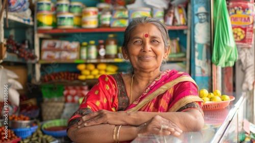 Portrait of Indianwoman small Kirana or grocery shop owner sitting at cash counter, looking happily at camera