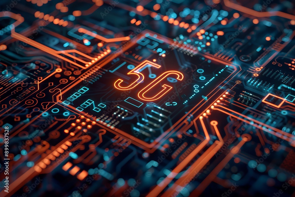 A close up of a circuit board with the letters 5G written on it A close up of a circuit board with the letters 5G written on it