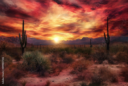 Sunset view of the desert landscape with Saguaro cactus and mountains at sunset