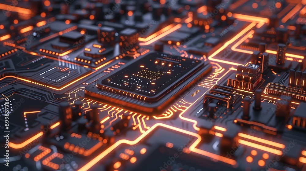A close up of a computer chip with a bright orange glow A close up of a computer chip with a bright orange glow