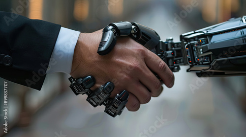 Business handshake between robot and human futuristic and innovative scene collaboration between technology and people professional and advanced interaction symbolic of progress and partnership