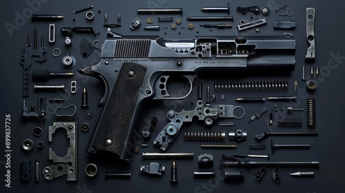 A close up of a gun with many parts, including a magazine, a trigger