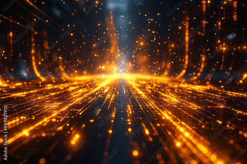 Fototapeta premium Abstract digital light glow with sparkles in an orange background showcasing futuristic technology