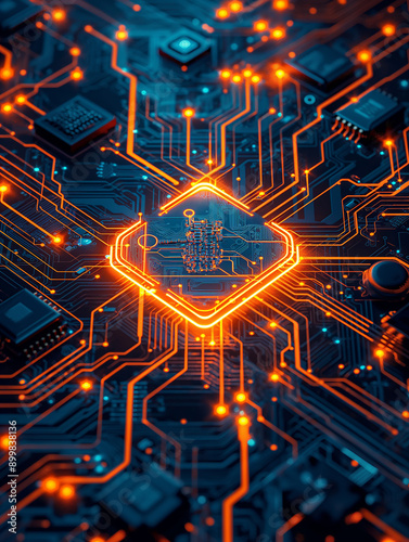 Connected circuit technology features a glowing chip in a complex network of electronic data processors