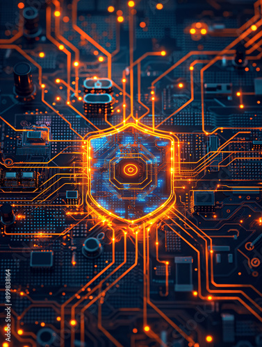 Digital circuit board highlighting security and protection with advanced cyber technology and data