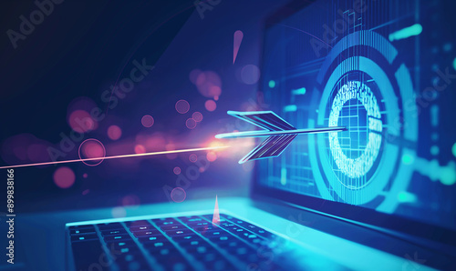 Futuristic digital technology showing a cyber target with arrow on a laptop network background