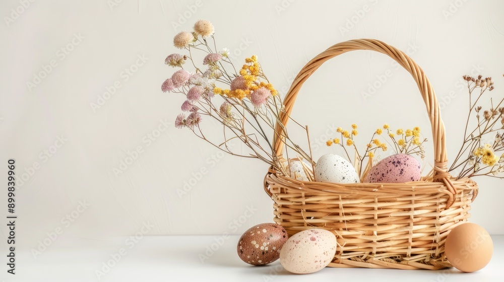 Easter themed product mockup with wicker basket and flowers on white background for marketing and social media Easter themed product mockup with wicker basket and flowers on white background for marketing and social media