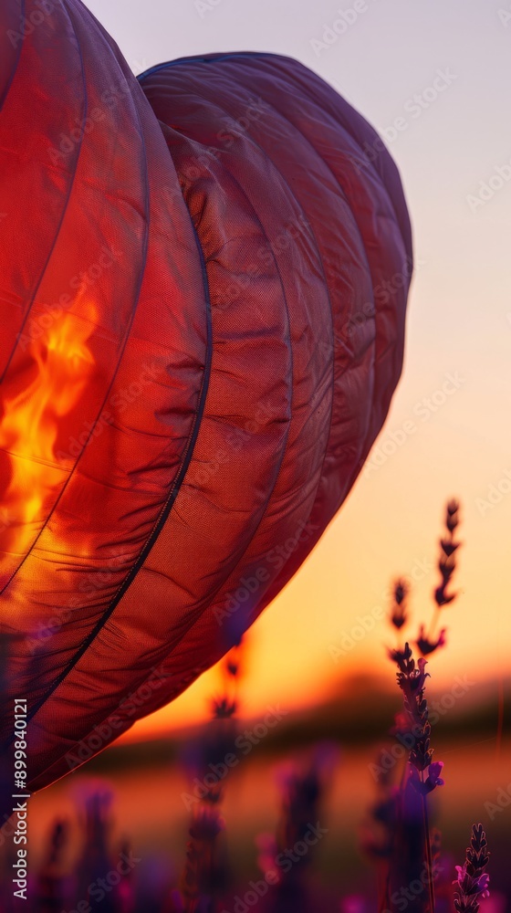 Obraz premium A detailed close-up of a single heart-shaped hot air balloon, focusing on the texture of the balloon's fabric and the flame heating it from below.