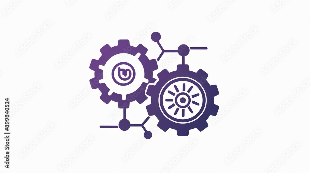 An icon for an AI and machine learning service, featuring two interlocking gears with digital connections between them in purple color on a white background. The gear at the top is black An icon for an AI and machine learning service, featuring two interlocking gears with digital connections between them in purple color on a white background. The gear at the top is black