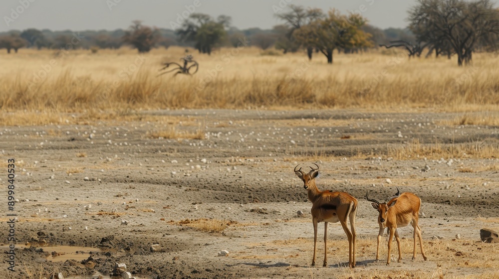 Two deer standing in a dry, barren field Two deer standing in a dry, barren field