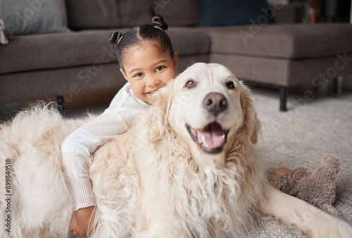 Photography Girl, dog and portrait on floor in house for support, safety and playing together with love or care