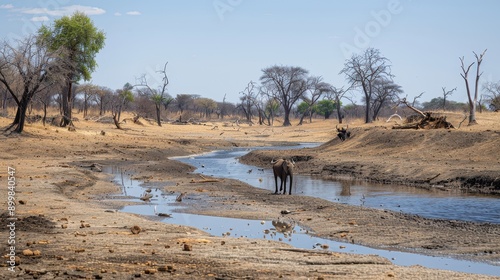 A herd of elephants are drinking water from a river in the middle of a dry