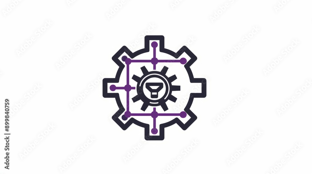 An icon of an interconnected gear with purple circuit lines, representing the integration and An icon of an interconnected gear with purple circuit lines, representing the integration and