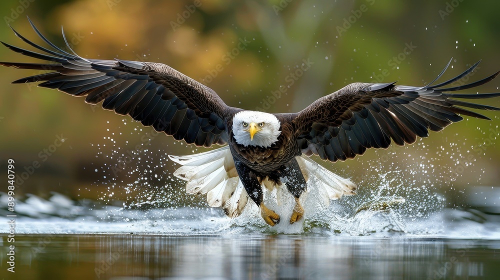 Fototapeta premium A bald eagle is flying through the air and splashing water