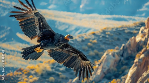 A large black bird with yellow feathers flies over a rocky mountain photo