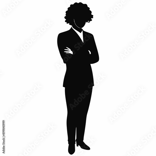 a beautiful curly hair business man standing pose, stylish pose with folding arm, black color silhouette, isolated white background (7)