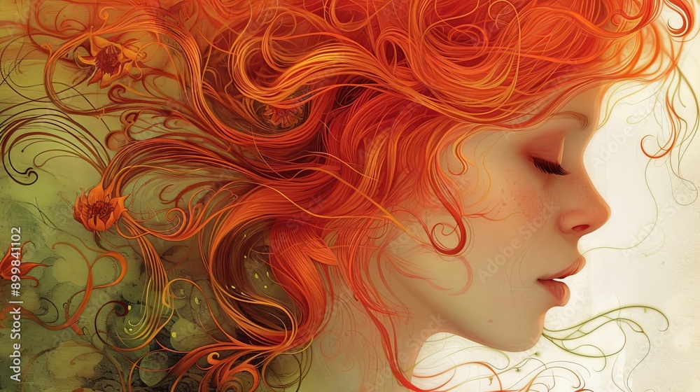 A vibrant digital illustration featuring a red-haired woman in profile. Her fiery hair flows in intricate, swirling patterns against a soft green background, evoking a sense of nature and fantasy A vibrant digital illustration featuring a red-haired woman in profile. Her fiery hair flows in intricate, swirling patterns against a soft green background, evoking a sense of nature and fantasy