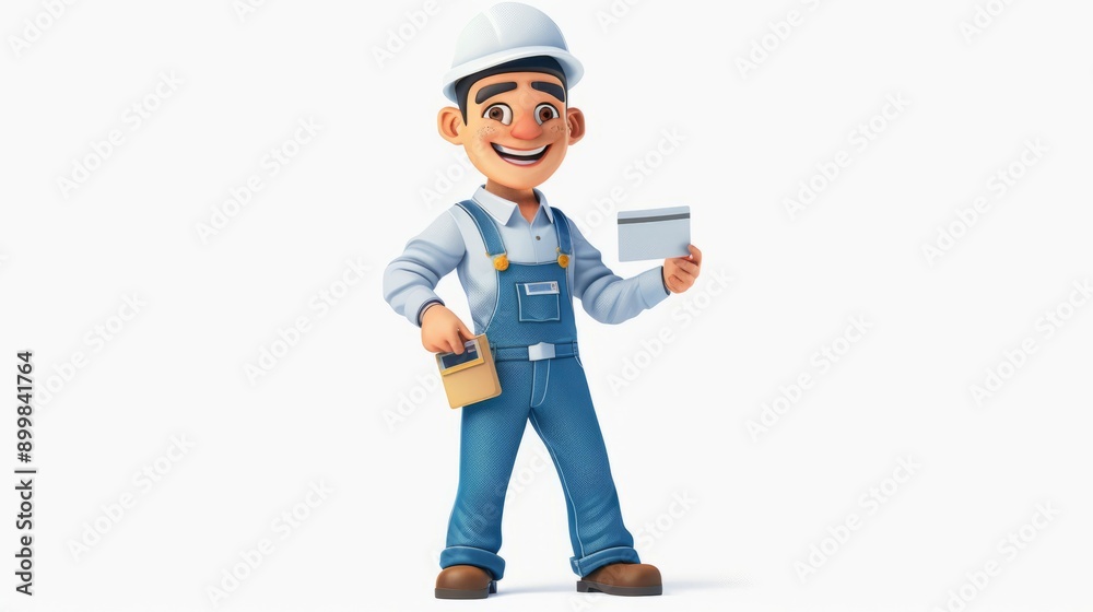 Create an ultra-realistic full-body cartoon of happy electrician holding up business card, wearing blue overalls and white hat with dark hair vectorized on isolated background, white background, high Create an ultra-realistic full-body cartoon of happy electrician holding up business card, wearing blue overalls and white hat with dark hair vectorized on isolated background, white background, high