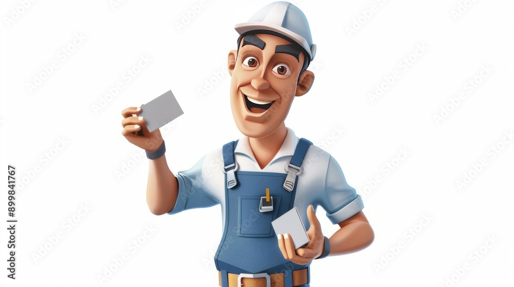 Create an ultra-realistic full-body cartoon of happy electrician holding up business card, wearing blue overalls and white hat with dark hair vectorized on isolated background, white background, high Create an ultra-realistic full-body cartoon of happy electrician holding up business card, wearing blue overalls and white hat with dark hair vectorized on isolated background, white background, high