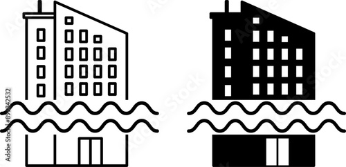 Sea Level Rise Icons. Black and White Vector Icons Flood. Multi-Storey Building Goes Under Water. Ecological Problem. Climate Change Concept