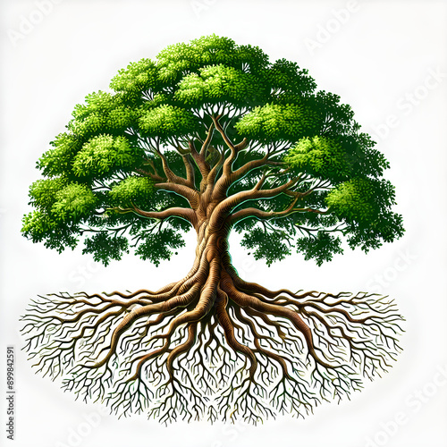 Illustration of a large tree with a fully visible root system on a white background photo