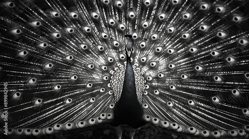 A black and white photo of a peacock with its feathers spread out