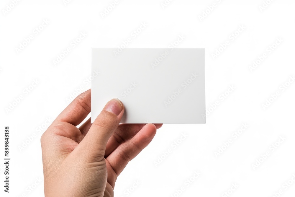 Photo of a hand holding an empty business card mockup on a white background, with no text or design visible. The person is on the left side and their finger has just transparently creat Photo of a hand holding an empty business card mockup on a white background, with no text or design visible. The person is on the left side and their finger has just transparently creat