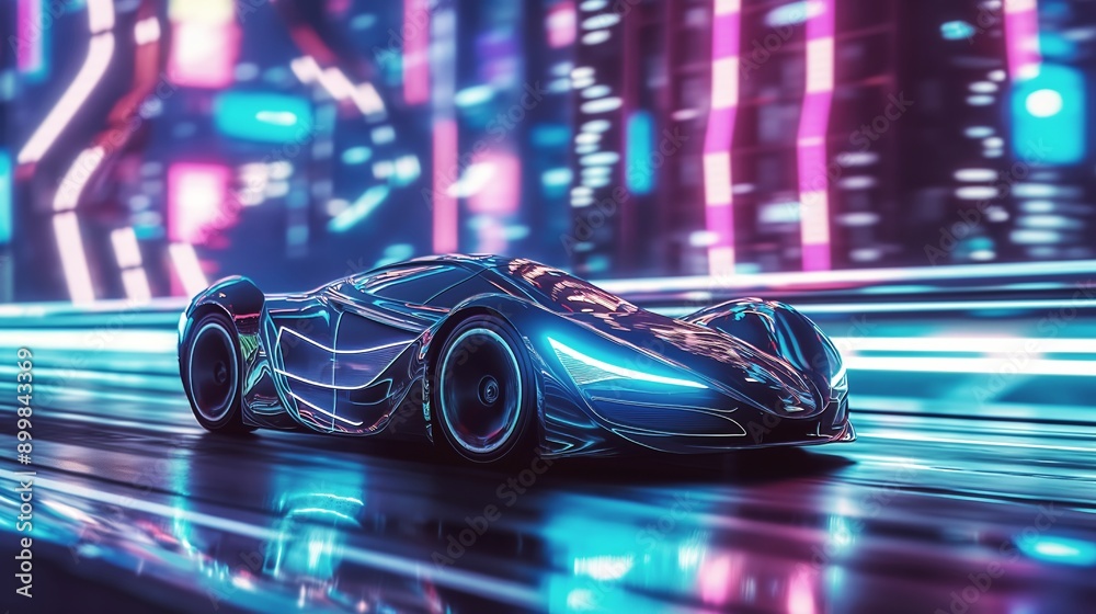 Futuristic sports car speeding through a neon city at night, leaving a trail of light behind it on an empty road under a clear sky with no people in sight Futuristic sports car speeding through a neon city at night, leaving a trail of light behind it on an empty road under a clear sky with no people in sight