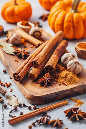 Fototapeta Naklejka Na Ścianę i Meble -  ustic wooden board filled with autumn spices including cinnamon sticks, nutmeg, and cloves. Surrounding the board are small pumpkins