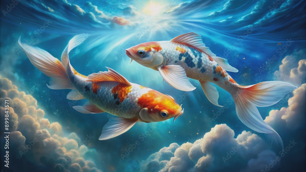 Fototapeta premium Koi in the Clouds - Two colorful Koi fish swimming upwards through a surreal sky of fluffy clouds, Digital Art, 2D, Fantasy, Aquatic Life, Koi, Fish