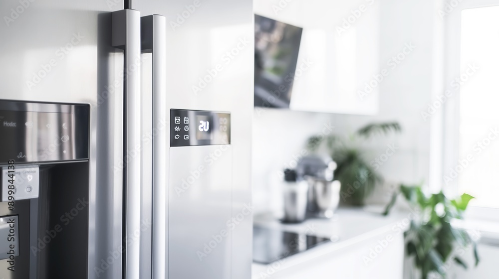 Close-up of stainless steel refrigerator door with digital display and handle, modern high-tech kitchen appliances concept Close-up of stainless steel refrigerator door with digital display and handle, modern high-tech kitchen appliances concept